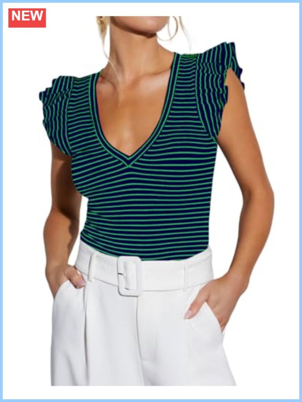 Womens Ribbed Knit V Neck Ruffle Sleeve Tank Top Summer Work Blouse